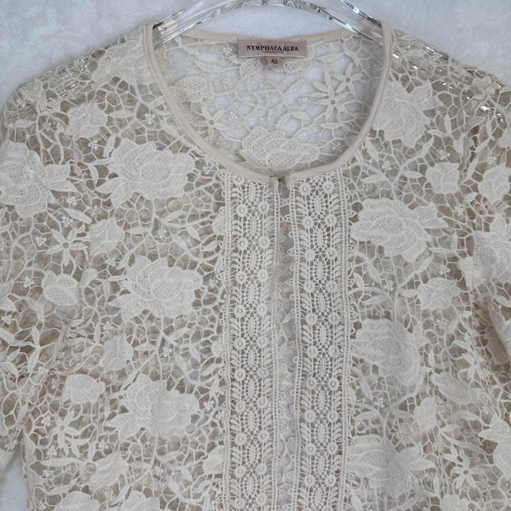 Nymphaea Alba Lace Cardigan Cream Floral Open Front 3/4 Sleeve Size M‎ / 42 - Picture 2 of 13